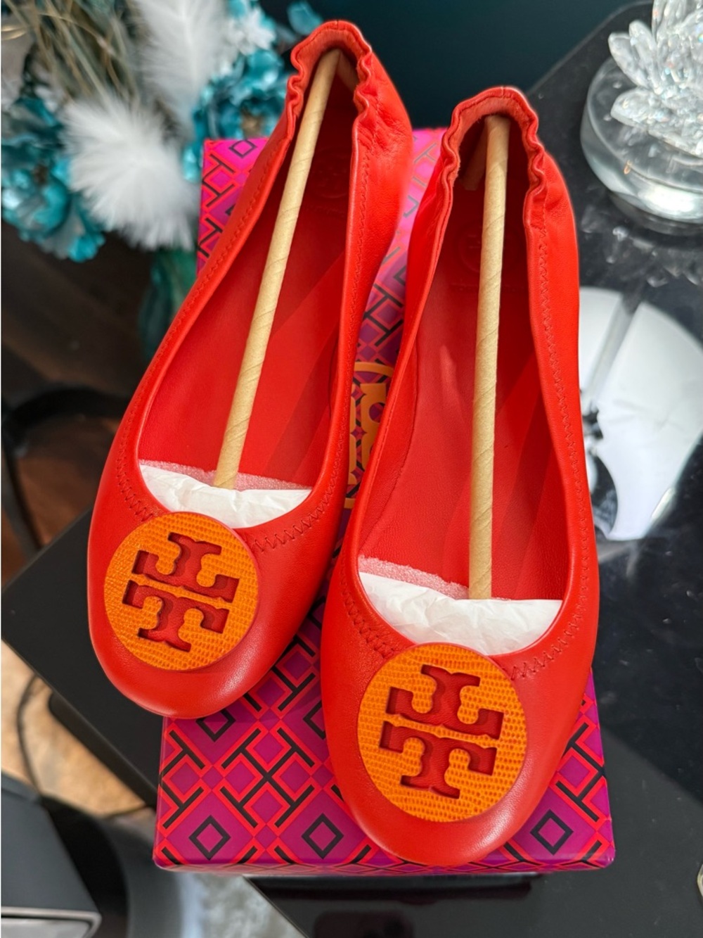 Tory Burch Red Leather Logo Ballet Flats with Orange Logo Medallion